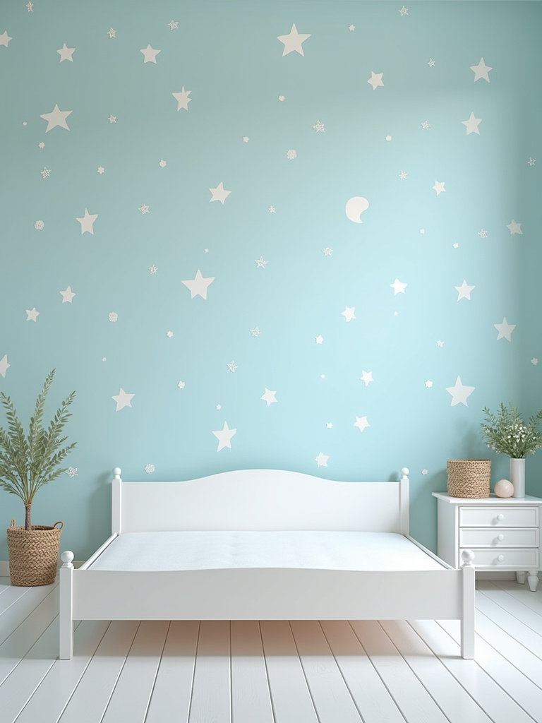 A whimsical bedroom featuring a light blue wallpaper with star and moon motifs, paired with white furniture and a low bed frame, softly illuminated with ambient lighting.