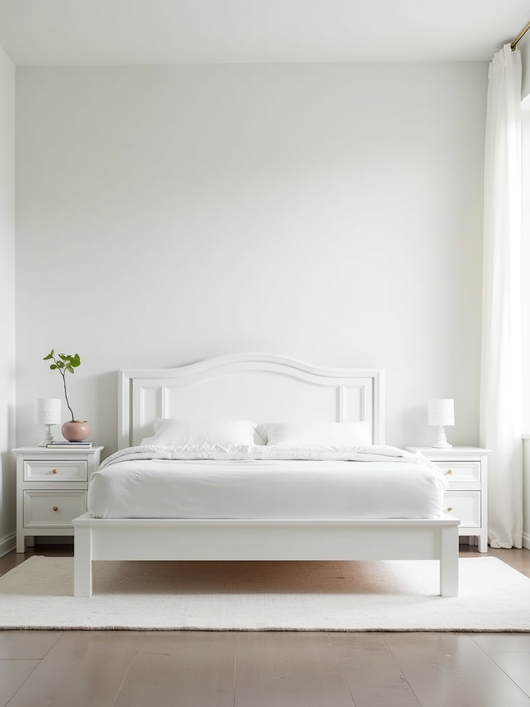 White bedroom featuring key white furniture pieces including bed, nightstands, and dresser.