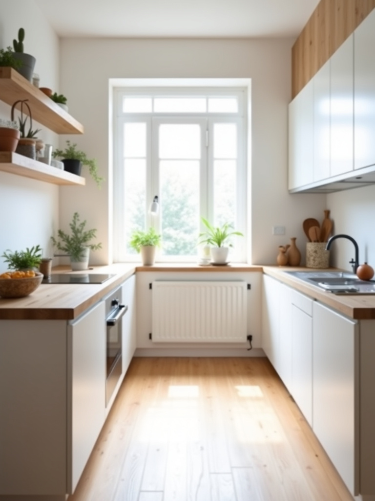 Bright and airy Scandinavian kitchen with white walls and light wood accents