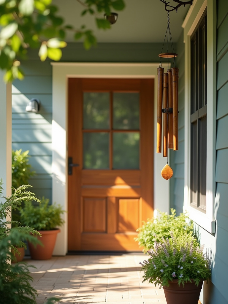 A front porch with bamboo wind chimes gently swaying in the breeze near the wooden door.