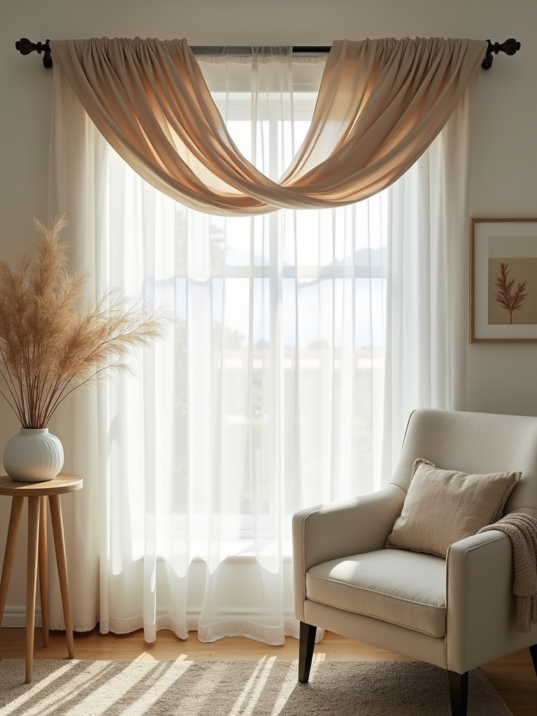 Accent window scarves draped over light curtains providing an elegant touch to a modern living room