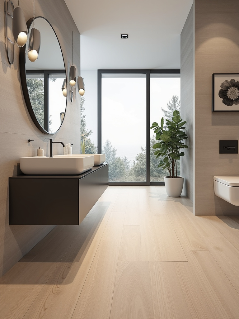 A contemporary bathroom featuring light natural oak wood-look tiles from floor to ceiling, illuminated with soft, natural light.