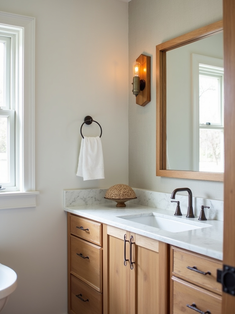 Spa-like bathroom with wood and metal vanity sconces adding natural warmth and texture.