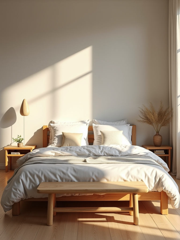 A warm minimalist bedroom featuring wooden accents throughout, providing organic elements.