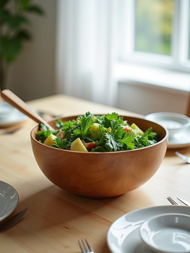 Wooden salad bowl filled with green salad on a light wood dining table in a Scandinavian kitchen setting