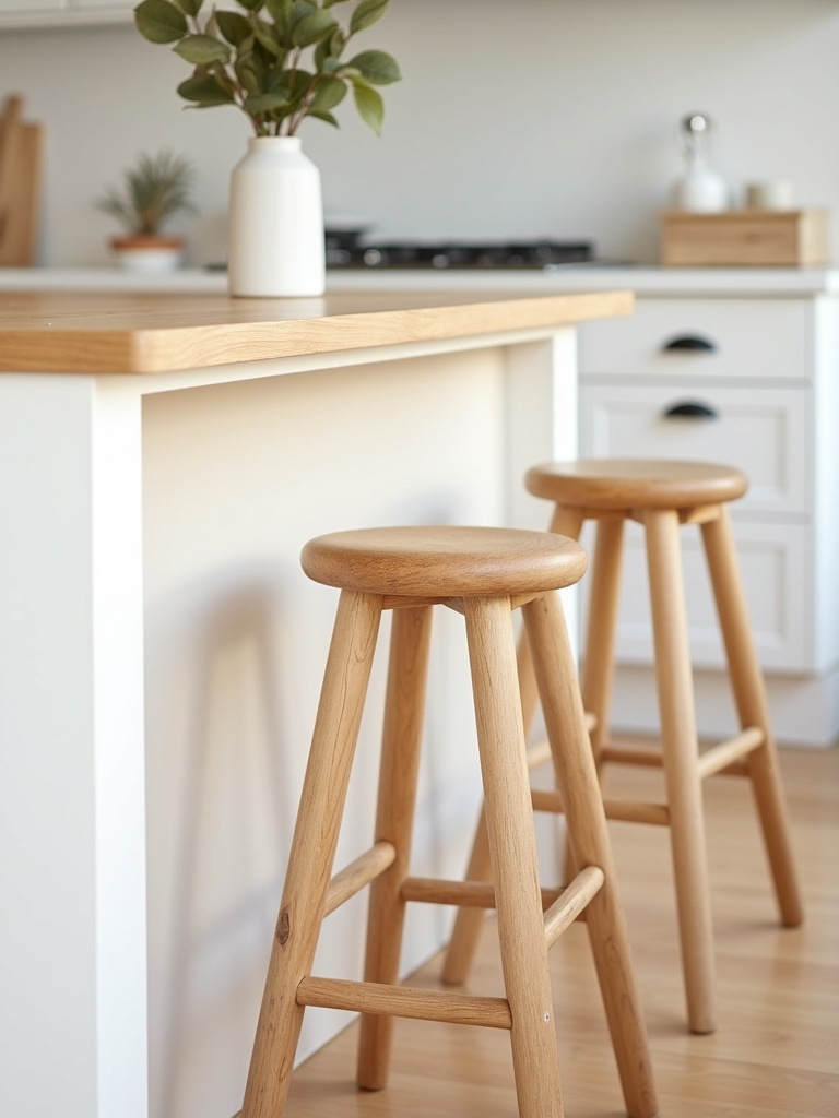 Light wood wooden stools tucked under a white kitchen island in a Scandinavian kitchen
