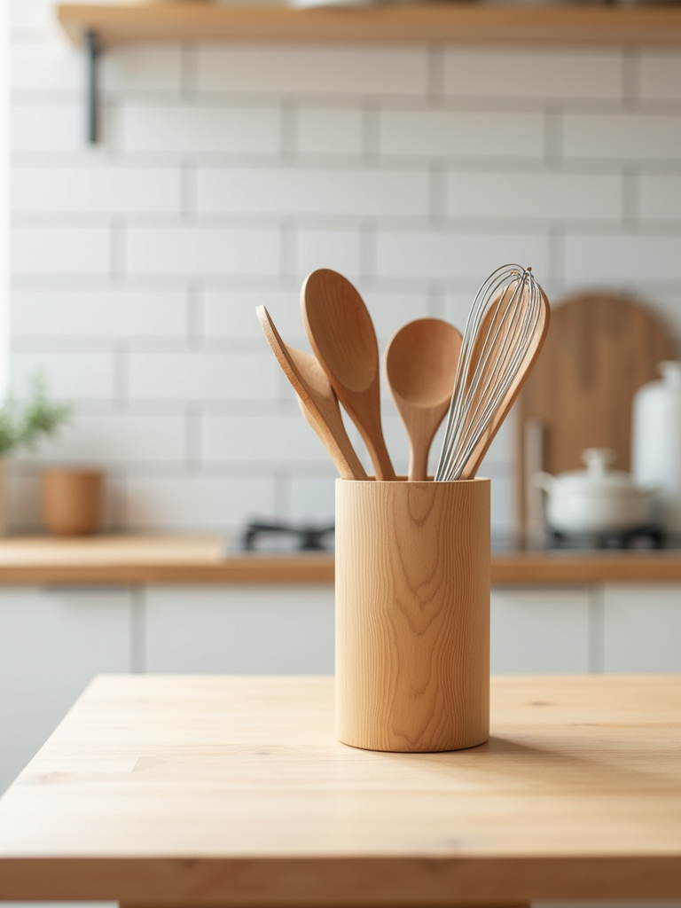 Wooden utensil holder filled with wooden kitchen tools on a light wood countertop in a Scandinavian kitchen