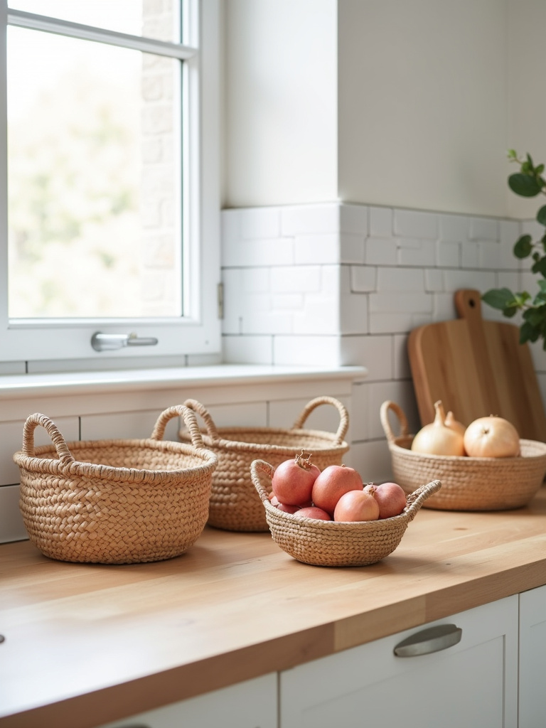 Woven baskets filled with fruits and vegetables on a light wood countertop in a Scandinavian kitchen
