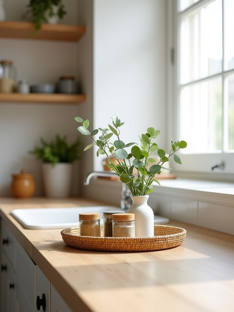 Woven rattan tray holding a vase with greenery and spice jars on a light wooden kitchen countertop.