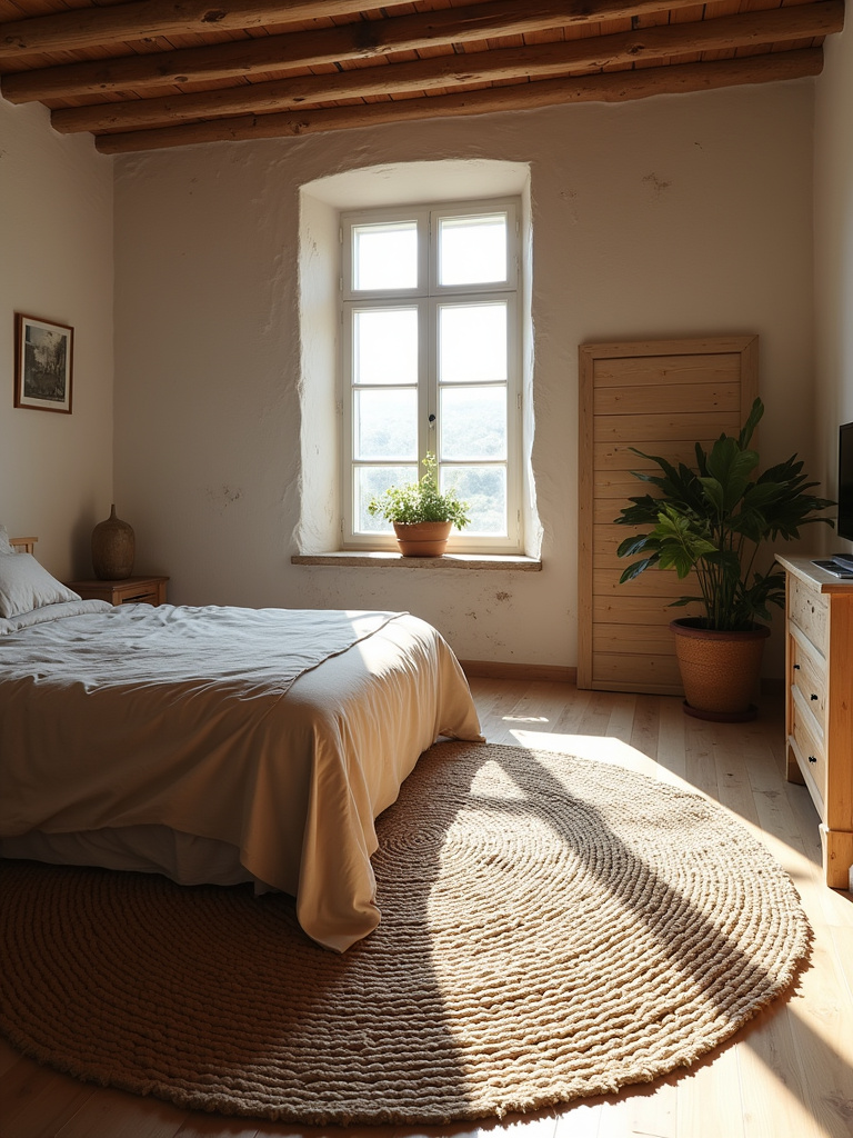 Rustic bedroom featuring woven rugs on the floor.