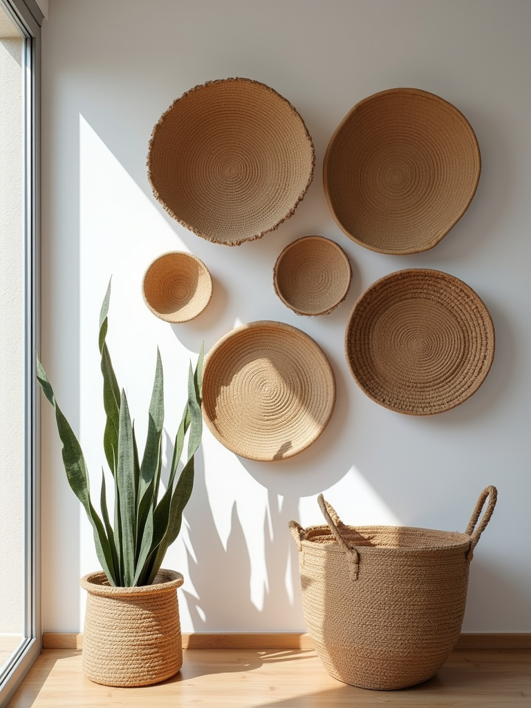 A white wall adorned with a collection of handwoven baskets of different sizes and textures.