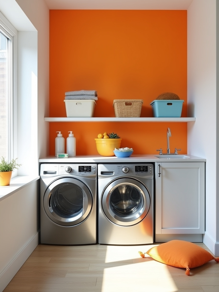 “Vibrant laundry room with a tangerine orange accent wall and white walls, filled with bright sunlight, light gray cabinets, and colorful storage bins.”