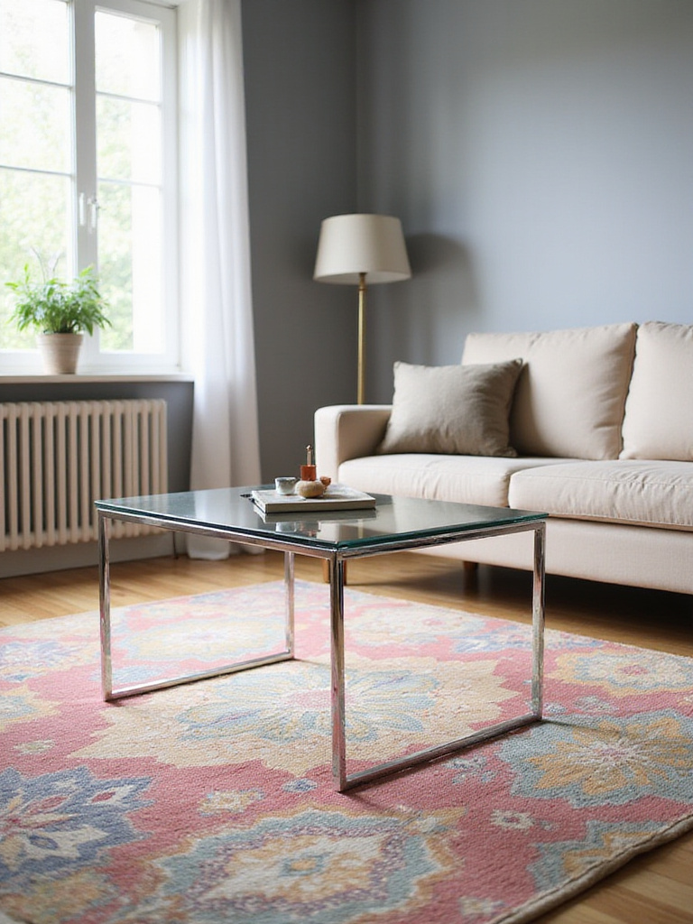 Modern living room with transparent glass coffee table and patterned rug.
