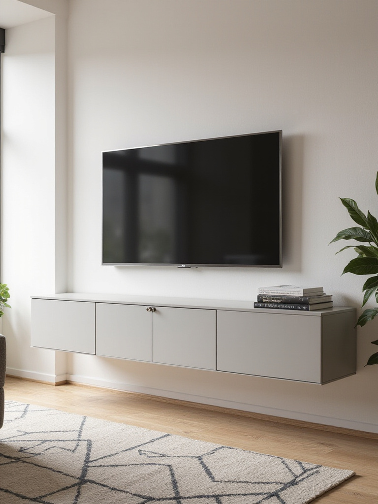 Modern living room with light gray floating TV console