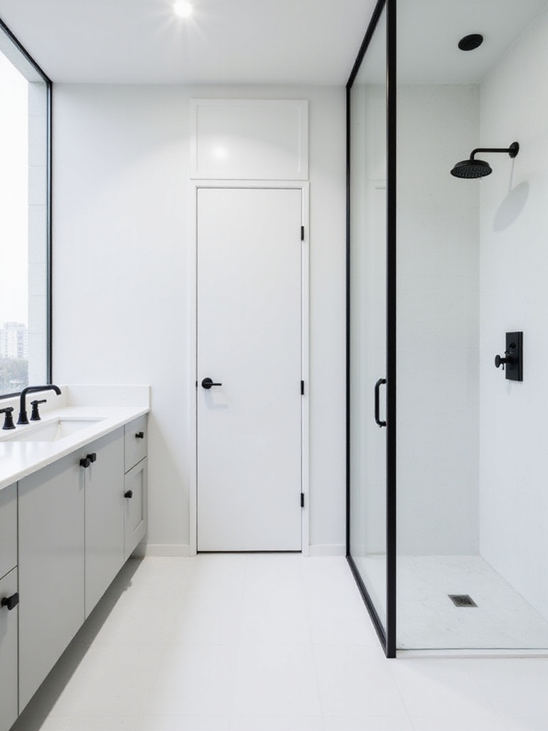 Modern bathroom with white vanity and striking black fixtures.
