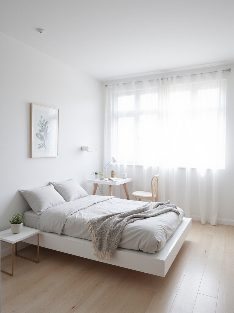 Minimalist teen bedroom design with white walls and simple furniture.
