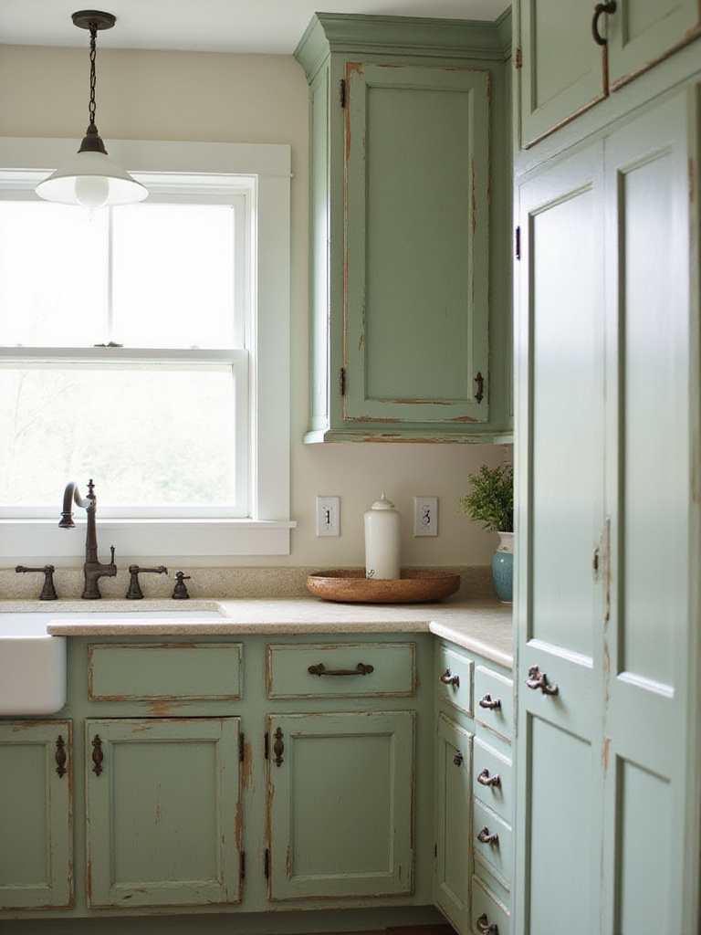 Farmhouse kitchen with distressed sage green cabinets and antique bronze hardware.