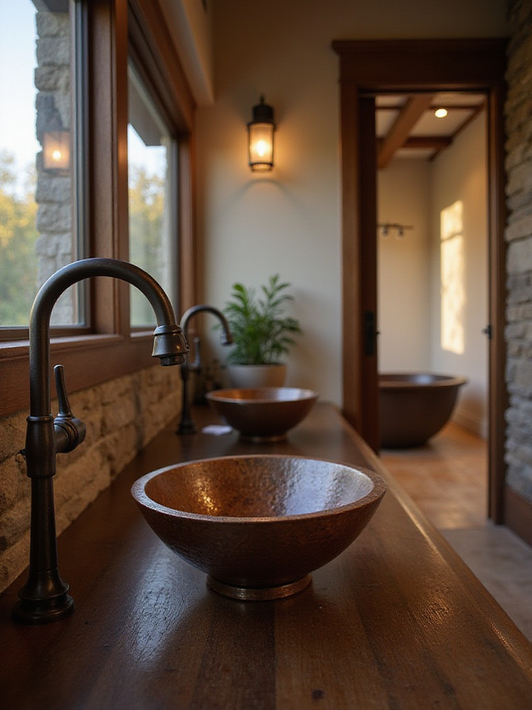 Rustic bathroom vanity with copper sink and bronze faucet