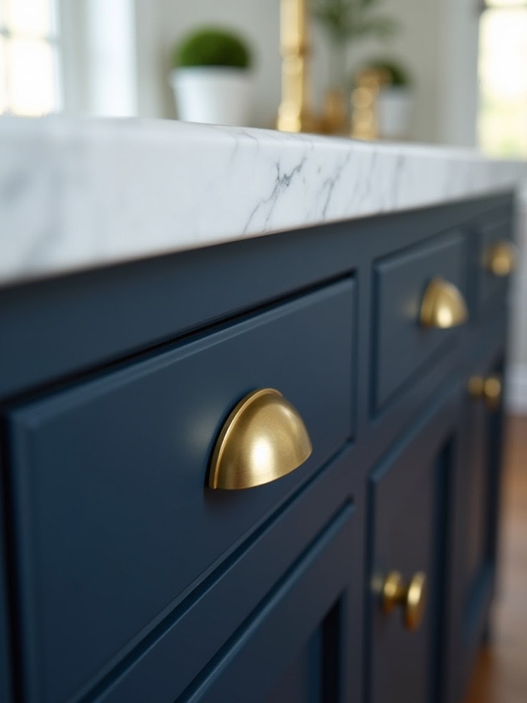 Kitchen island drawer with brushed brass pull handle