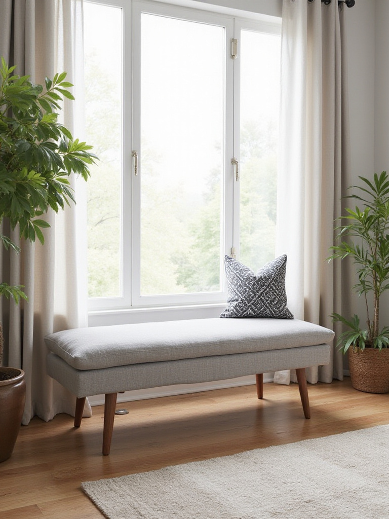 Modern living room with light gray upholstered bench in front of window.