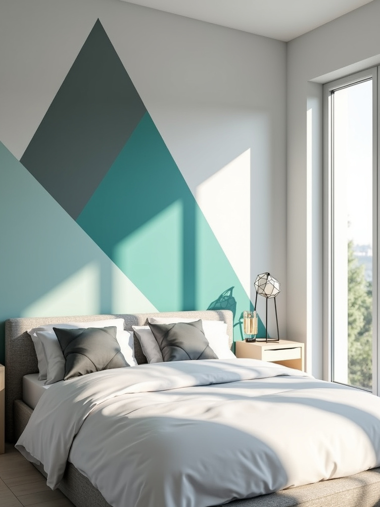 Modern bedroom with geometric triangle accent wall in teal, gray, and white.