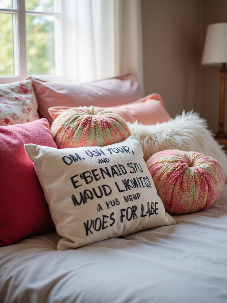 Teen girl's bedroom featuring a bed adorned with colorful and textured throw pillows.