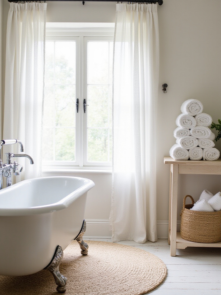 Farmhouse bathroom featuring linen curtains, jute rug, and cotton towels for a rustic and cozy feel