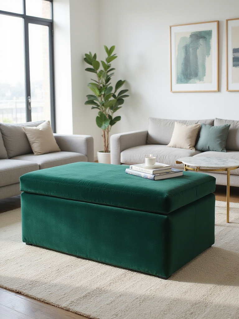Emerald green velvet storage ottoman in a modern living room.