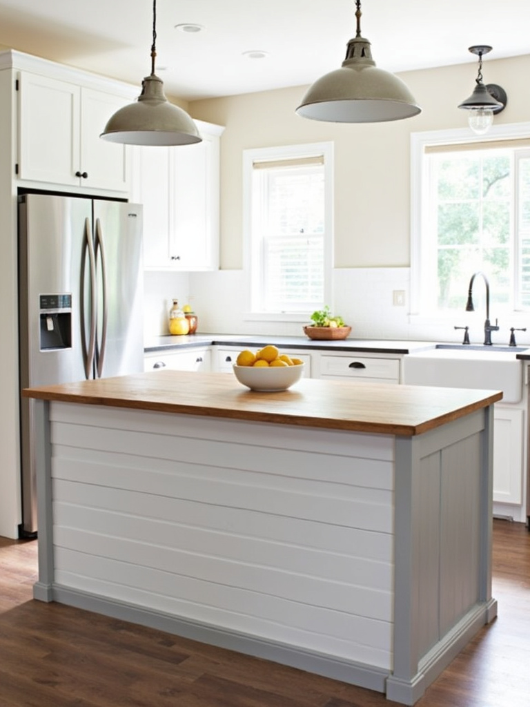 Kitchen island with white shiplap paneling and butcher block countertop