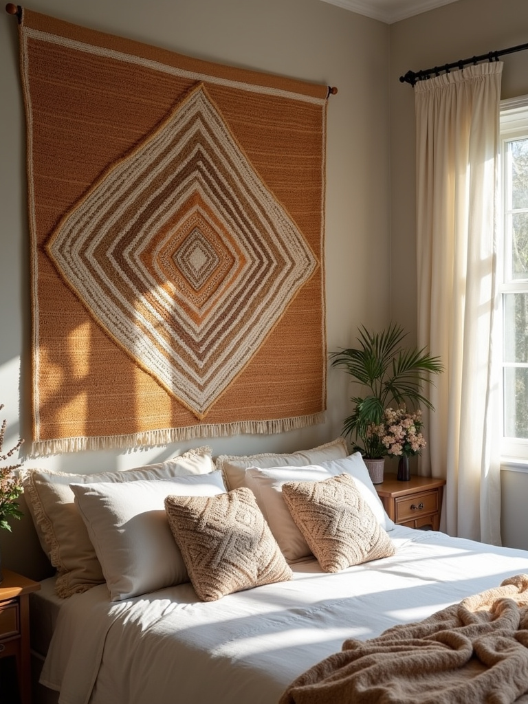 Bedroom with warm-toned woven tapestry wall hanging above bed