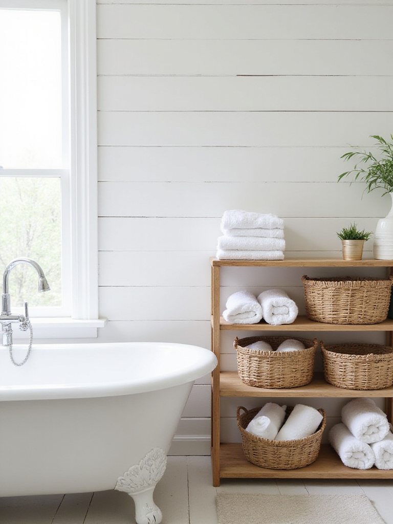 Farmhouse bathroom with woven baskets used for stylish towel and toiletries storage.