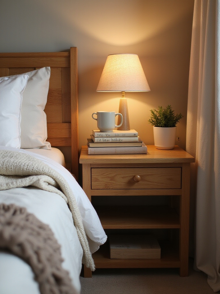 Cozy bedroom with a wooden bedside table featuring a lamp, books, mug, and succulent.