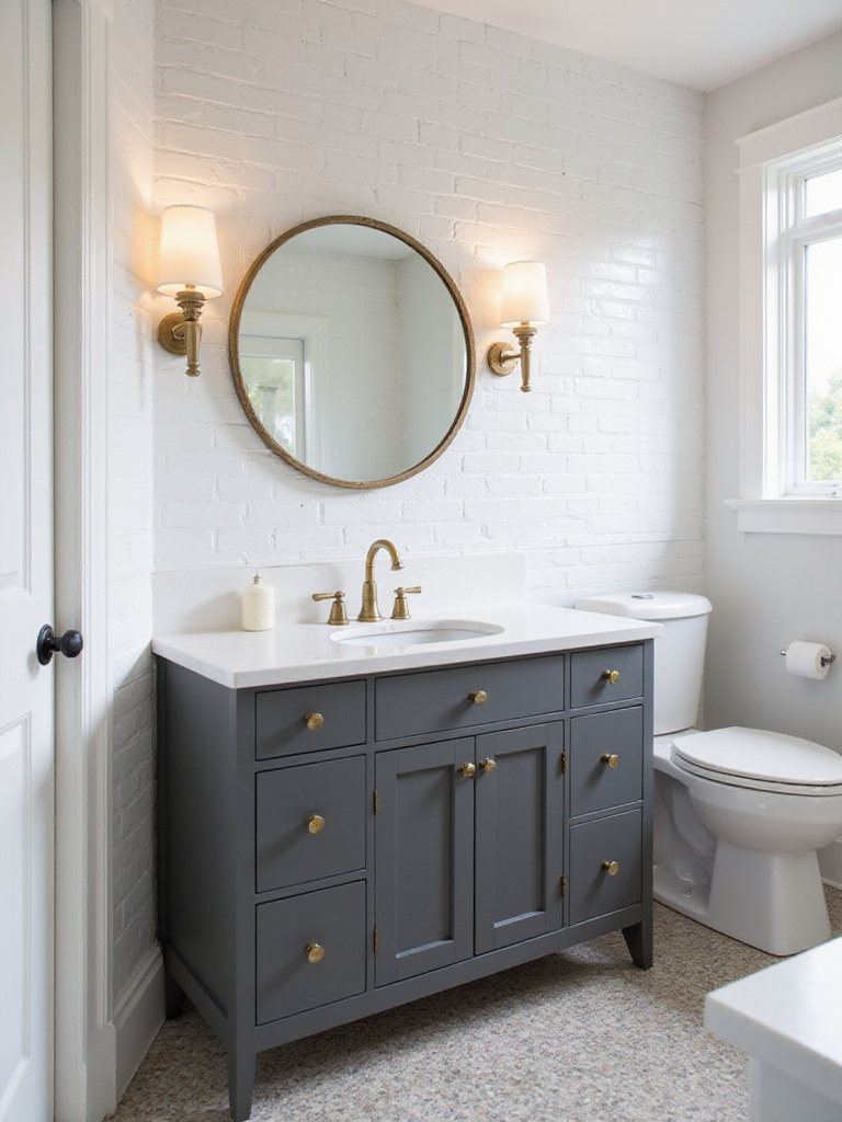 Modern bathroom with brass fixtures and white subway tile.