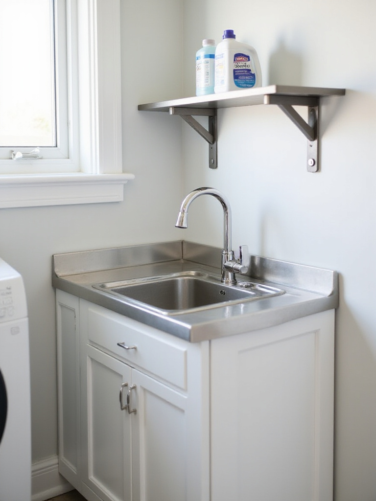 Laundry room with stainless steel utility sink, faucet, shelving, and storage cabinet.