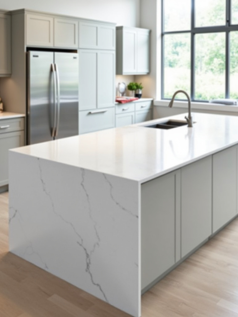 Modern kitchen island with white quartz countertop and waterfall edge.