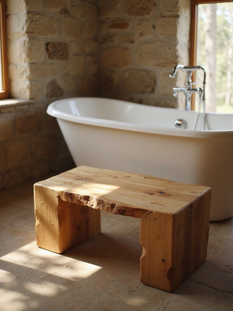 Rustic bathroom with live-edge wooden bench next to bathtub