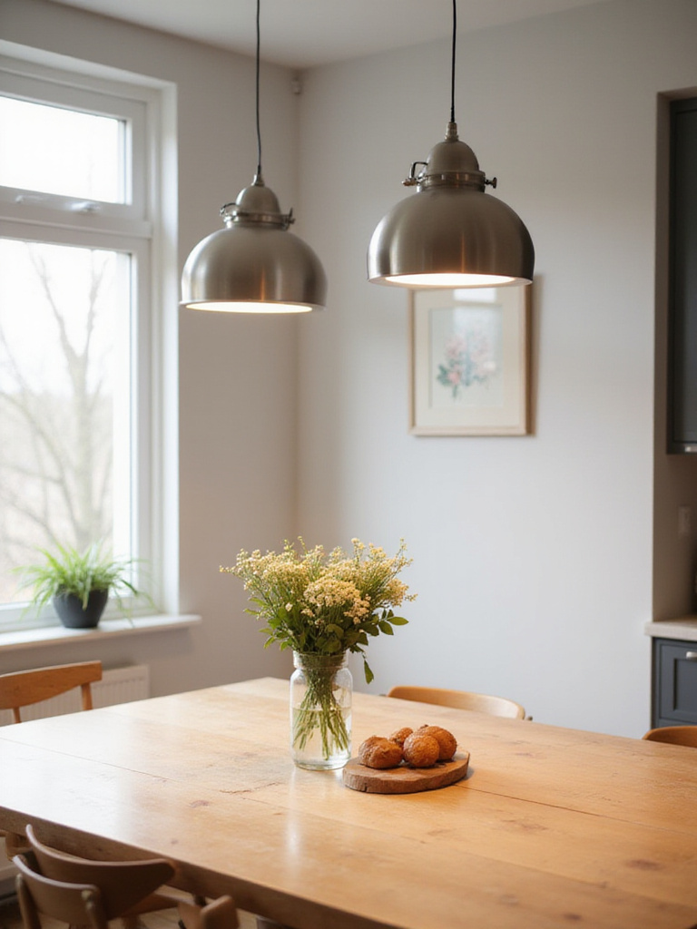 Modern kitchen with adjustable height pendant lights over a wooden dining table