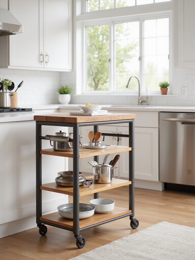 Affordable kitchen cart with butcher block top and storage shelves providing extra counter space in a bright, modern kitchen.