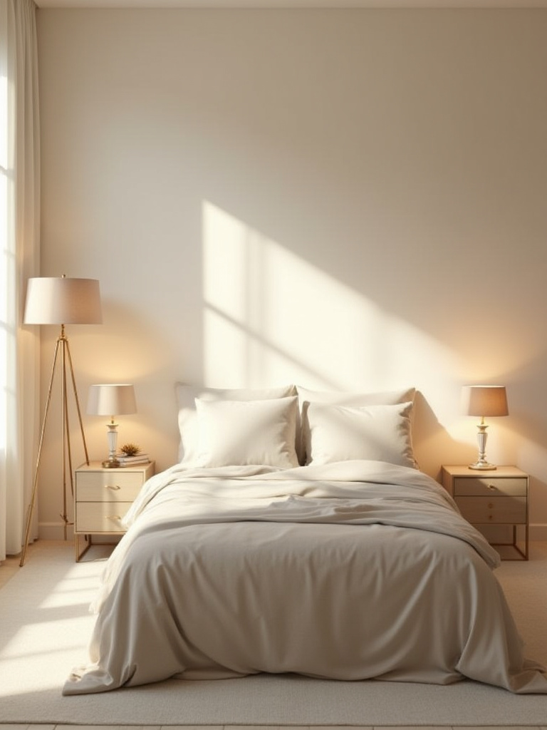 Serene bedroom with soft, layered ambient lighting creating a relaxing atmosphere