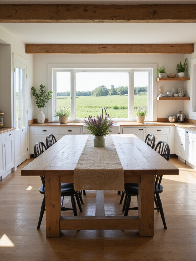 Farmhouse kitchen with a large wooden dining table and mismatched chairs
