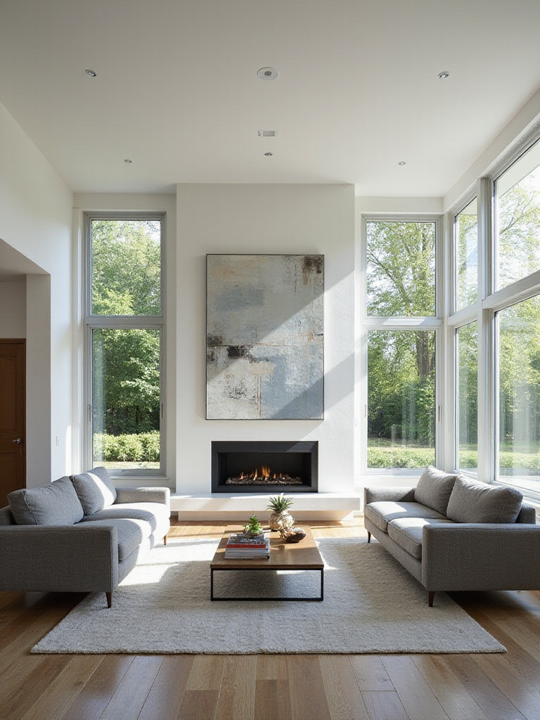 Modern living room with a fireplace as the focal point and furniture arranged for conversation.