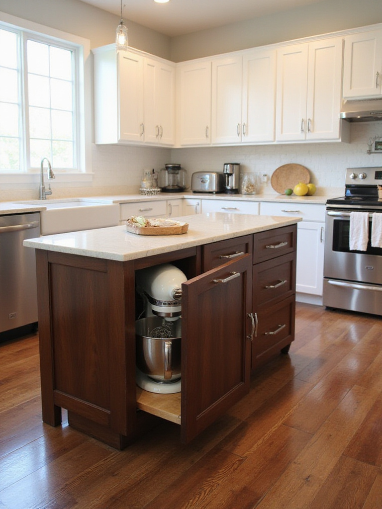 Kitchen island appliance garage with stand mixer and toaster concealed.