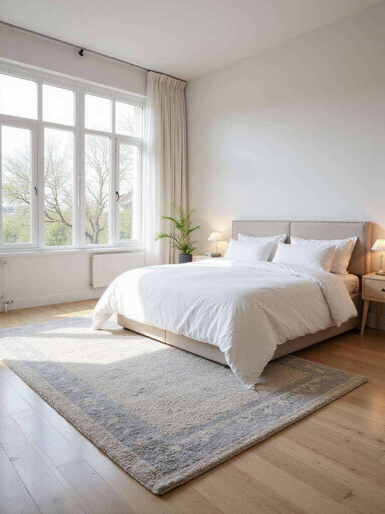 Modern bedroom with a large geometric area rug under a king-sized bed, showcasing warmth and style.
