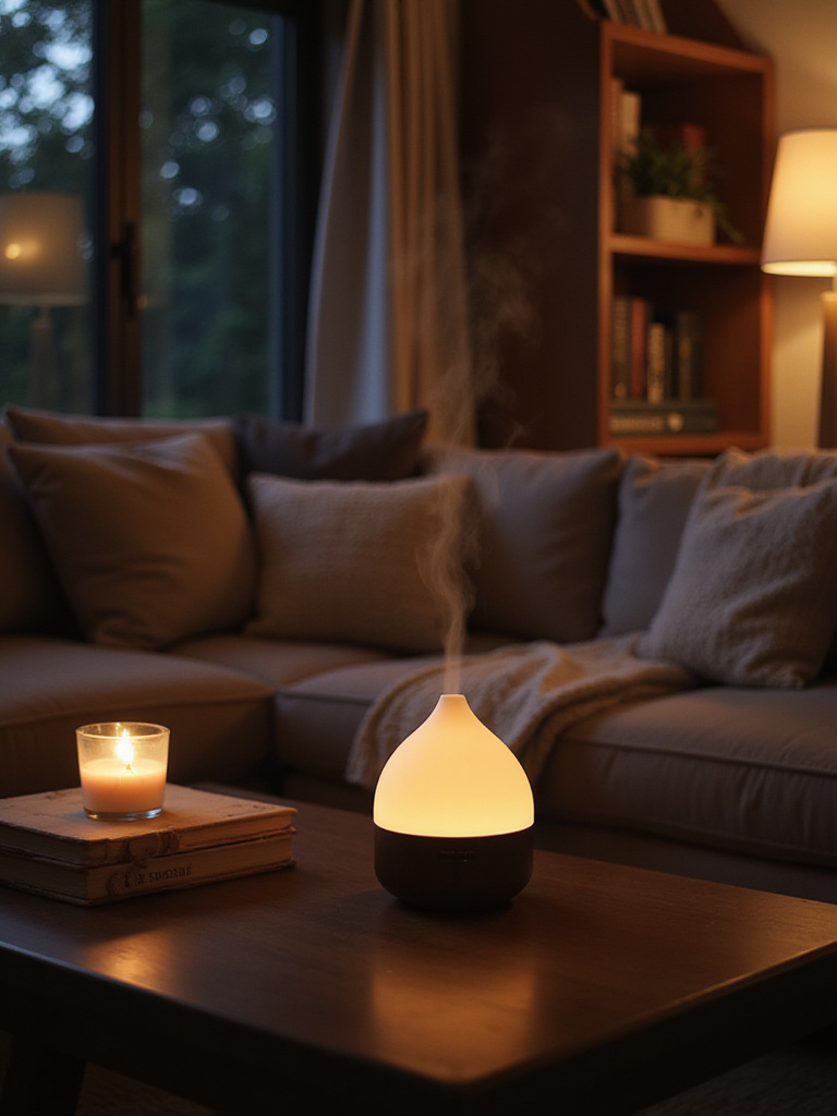 Cozy living room with essential oil diffuser and scented candle creating a relaxing atmosphere