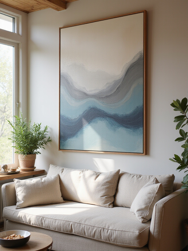 Serene living room with abstract art in calming colors above sofa.