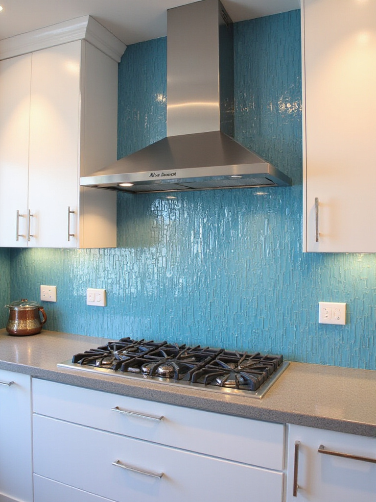 Modern kitchen with iridescent blue glass tile backsplash