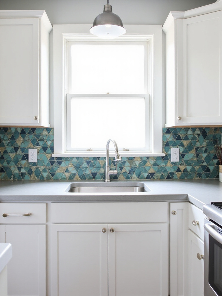 Small kitchen with bold geometric teal, navy, and gold backsplash