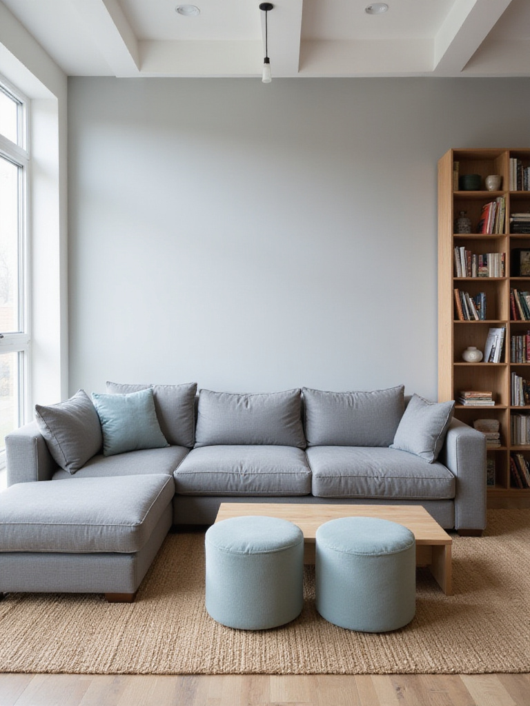 Balanced living room furniture arrangement with large sectional, smaller armchairs, and tall bookshelf.