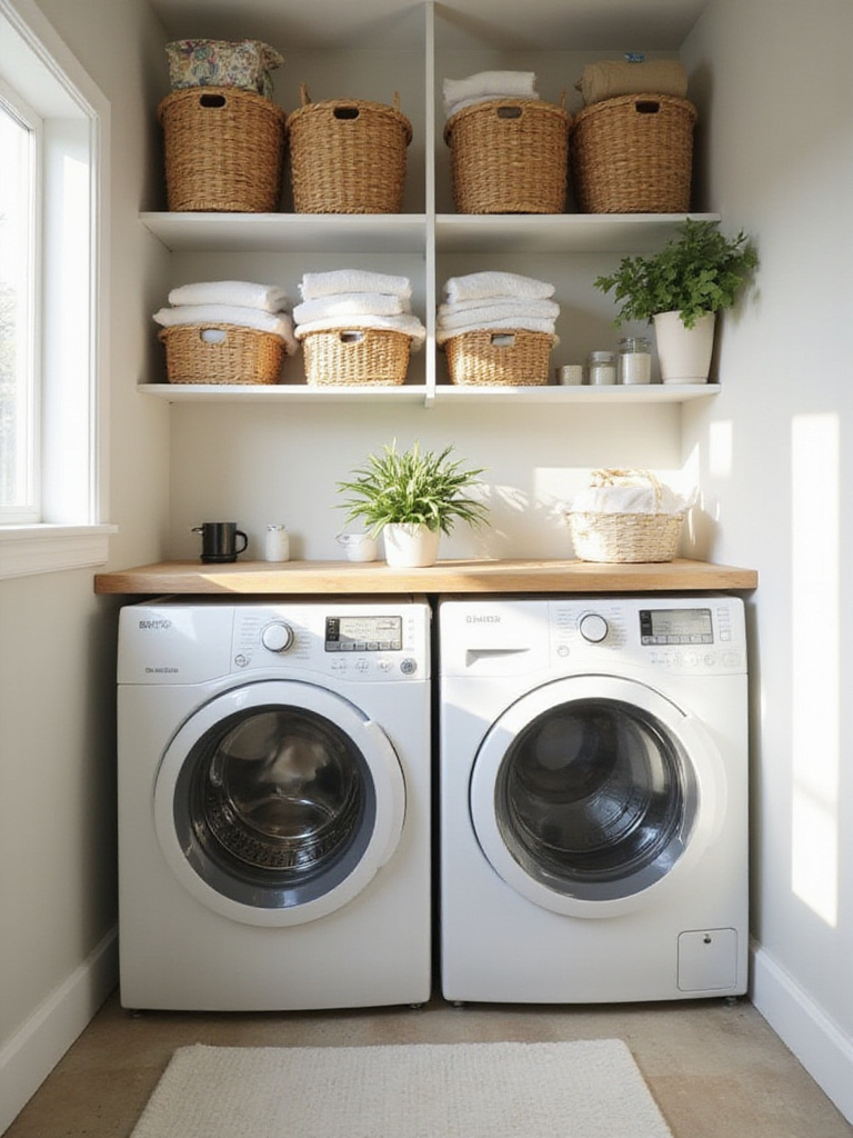 Clean and organized laundry room with neatly folded clothes and minimal clutter.