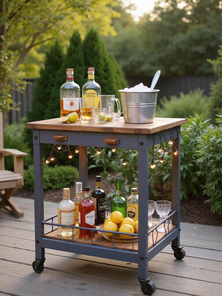 Stylish outdoor bar cart on a deck, stocked with drinks and garnishes for easy entertaining.